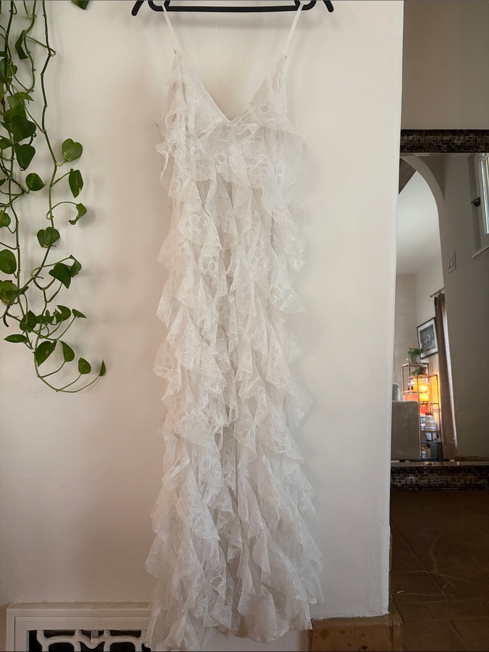 Anthropology White Lace Ruffle Maxi Slip Dress